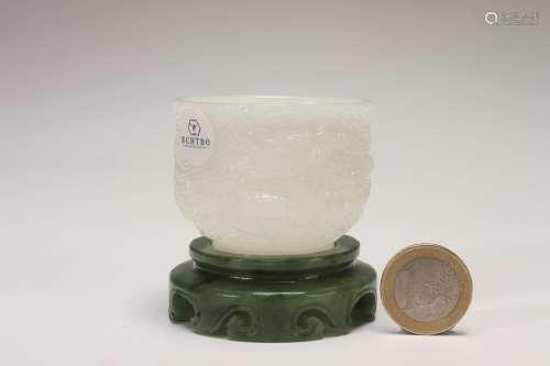 Chinese White Jade Cup with Dragon Patterns and Jasper Pedes...