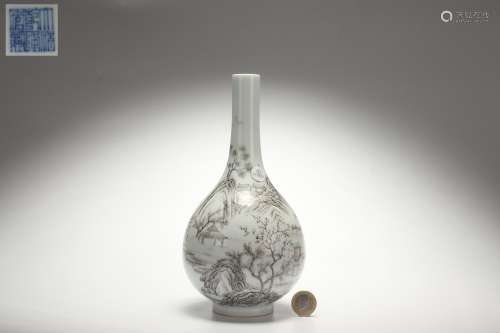 Ink Colored Gall-shaped Vase with Landscape and Pavilion Pat...