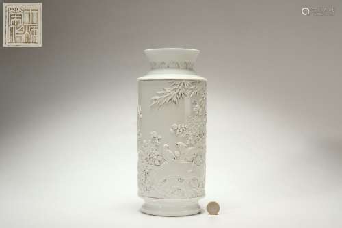 Carved Porcelain Elephant Leg-shaped Vase with Flower and Bi...