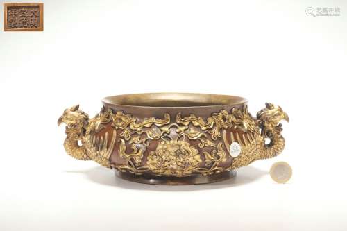 Gilt Bronze Censer with Phoenix-shaped Handles, Ming Dynasty