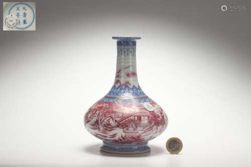 Blue-and-white Water Chestnut-shaped Vase with Carmine Red G...