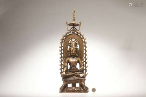 Bronze Buddha Statue with Silver Wires Inlaid and Back-light...