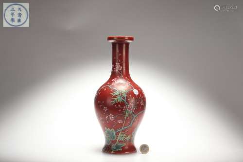 Red Glazed Vase with Famille Rose Floral Design, Yongzheng R...