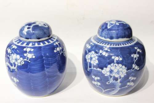 Pair Chinese Blue and White Porcelain Lid Jar