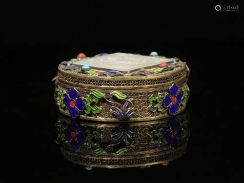 Chinese Gilt Silver Enamel Box w Jade Inlaid
