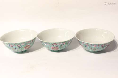 Three Chinese Turquoise Ground Porcelain Bowls
