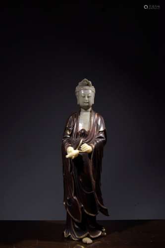 Chinese Chengxiang Wood Hand Carved Guanyin w Jade