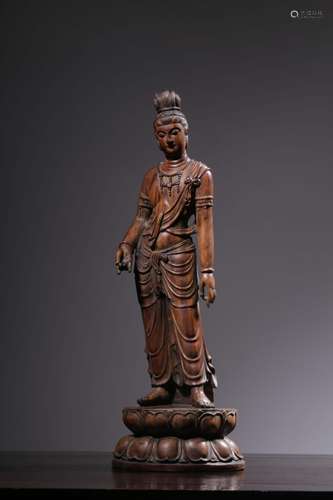 Chinese Huanghuali Wood Carved Standing Guanyin