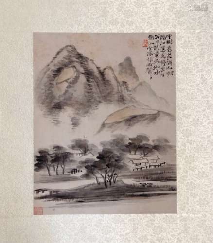 Chinese Ink Color Landscape w Calligraphy