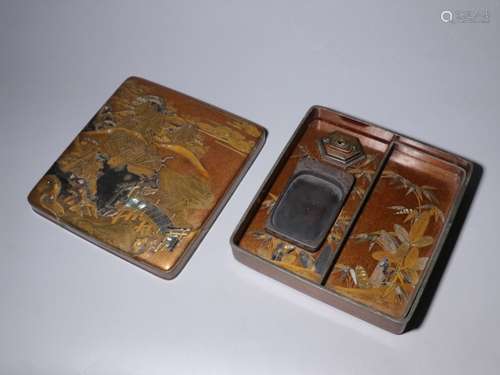 Chinese Lacquer Wood Ink Box w Mother Pearl Inlaid