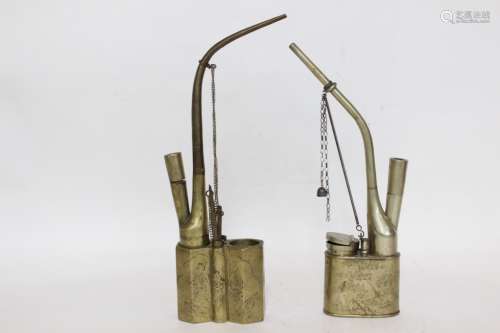 Two Chinese Engraved Brass Smoking Pipe