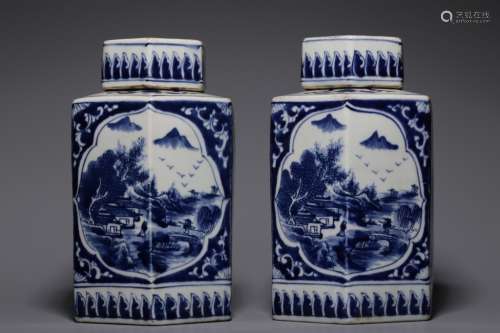 Pair of Chinese Blue and White Porcelain Tea Caddy