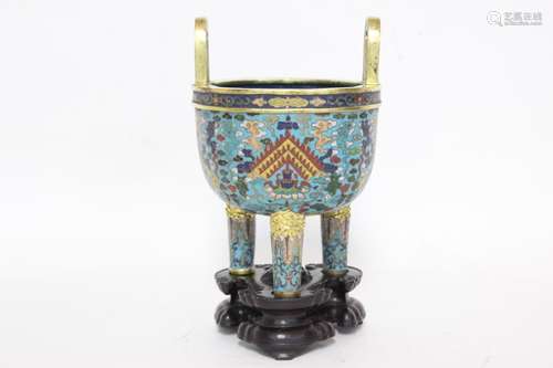 Chinese Cloisonne Tripod Burner w Stand