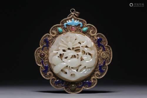 Chinese Gilt Silver Pendant w Jade Inlaid