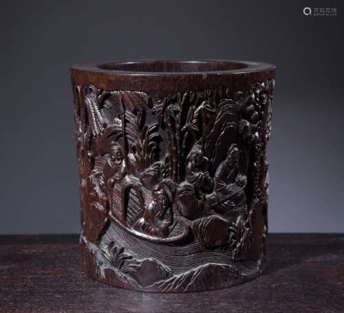 Chinese Zitan Wood Hand Carved Brushpot
