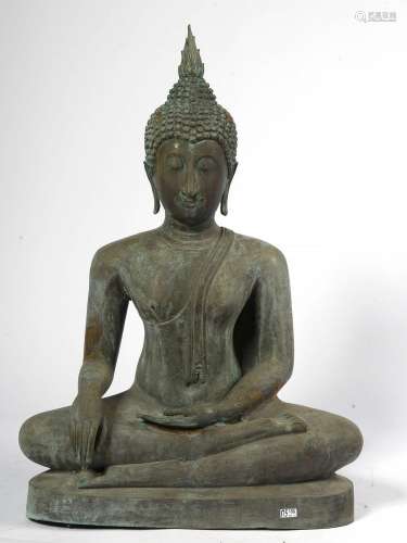 Important "Bouddha assis" en bronze à patine grise...