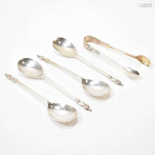 SET OF FOUR EDWARDIAN SILVER APOSTLE SPOONS & TONGS