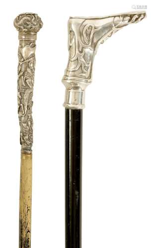 TWO LATE 19TH CENTURY SILVER TOPPED WALKING STICKS