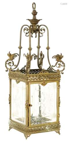 A LATE 19TH CENTURY BRASS SQUARE HANGING LANTERN
