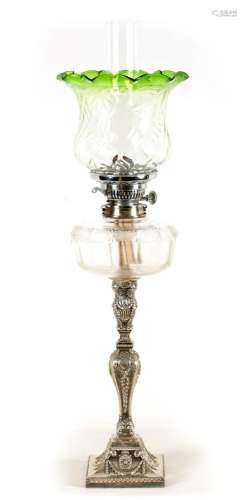 A 19TH CENTURY SILVER PLATED OIL LAMP