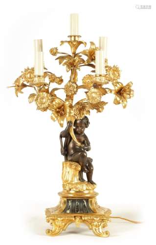 A 19TH CENTURY BRONZE AND ORMOLU FRENCH FIVE BRANCH FIGURAL ...