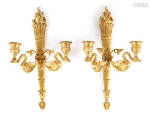 A PAIR OF 20TH CENTURY FRENCH EMPIRE STYLE ORMOLU TWO BRANCH...