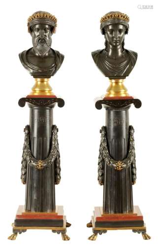 A LARGE PAIR OF 19TH CENTURY EGYPTIAN REVIVAL BRONZE AND MAR...
