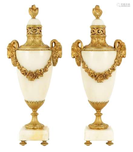 A PAIR OF 19TH CENTURY FRENCH ORMOLU MOUNTED WHITE MARBLE UR...