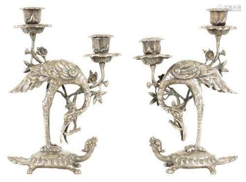 AN UNUSUAL PAIR OF 19TH CENTURY SILVERED BRONZE TWO BRANCH C...