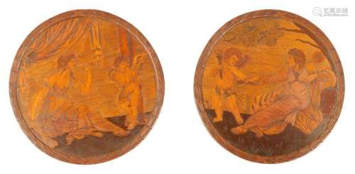 A PAIR OF GEORGE III MARQUETRY ROUNDEL WALL PLAQUES