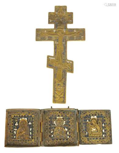 A RUSSIAN BRONZE AND ENAMEL CRUCIFIX TOGETHER WITH A BRONZE ...