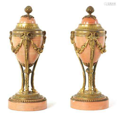 A PAIR OF 19TH CENTURY ADAM STYLE ORMOLU MOUNTED PINK MARBLE...