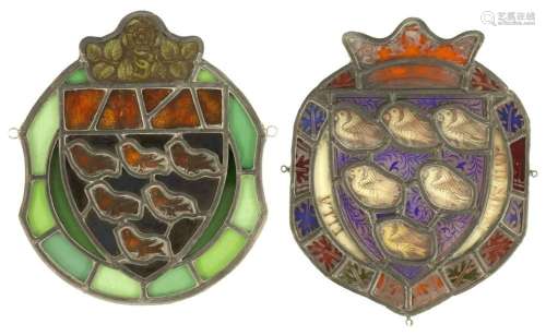 TWO STAINED GLASS ARMORIAL SHIELD SHAPED PANELS ONE EARLY 18...