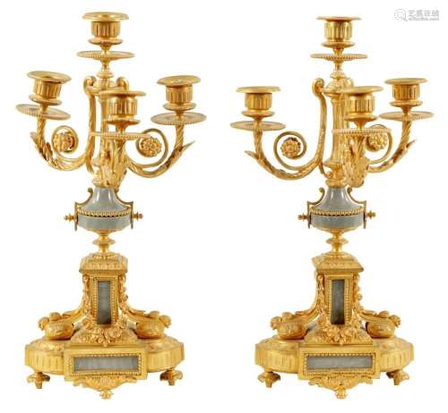 A PAIR OF 19TH CENTURY ORMOLU AND GREY MARBLE THREE BRANCH C...