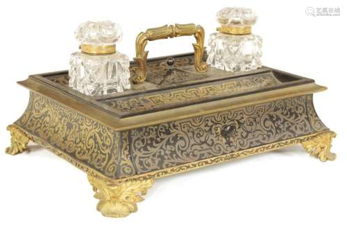 A 19TH CENTURY EBONY AND BRASS INLAID ORMOLU MOUNTED BOULLEW...