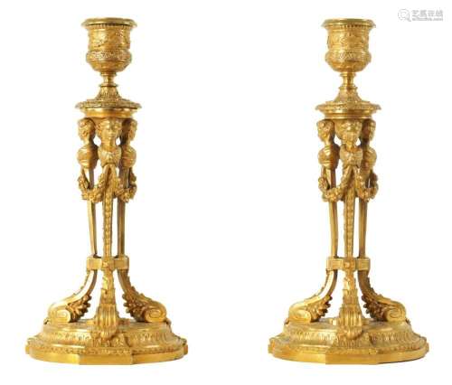 A PAIR OF LATE 18TH CENTURY FRENCH ORMOLU FIGURAL CANDLESTIC...