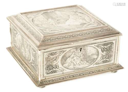 A LATE 19TH CENTURY SILVER PLATED JEWELLERY CASKET DEPICTING...