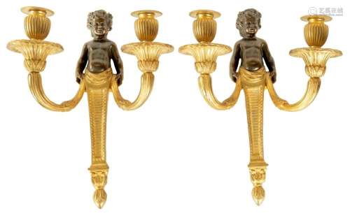 A PAIR OF 19TH CENTURY FRENCH BRONZE AND ORMOLU TWO BRANCH F...