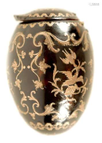 AN UNUSUAL 18TH CENTURY GOLD INLAID TORTOISESHELL CANISTER