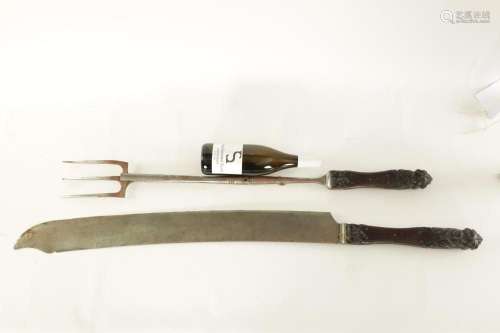 A RARE GIANT PAIR OF LATE REGENCY EXHIBITION CARVING KNIFE A...