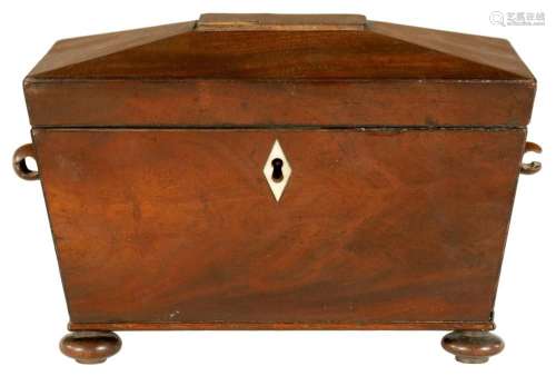 A LATE REGENCY FIGURED MAHOGANY TEA CADDY