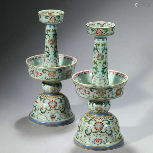 Pair of Celadon Glaze Famille Rose Interlocking Lotus Candle...