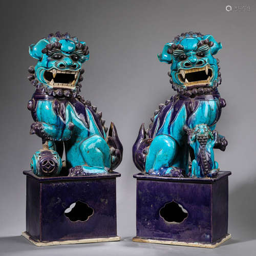 Pair of Enamel Lion Statues