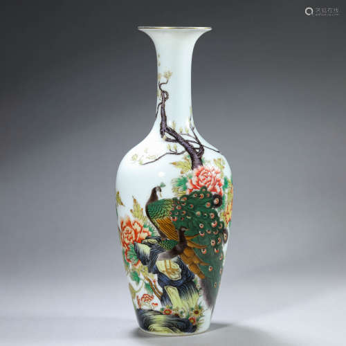 Famille Rose Peony Inscribed Flaring Vase