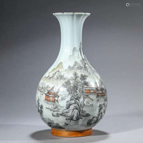 Grisaille Painting Landscape Figure Melon-Ribbed Vase