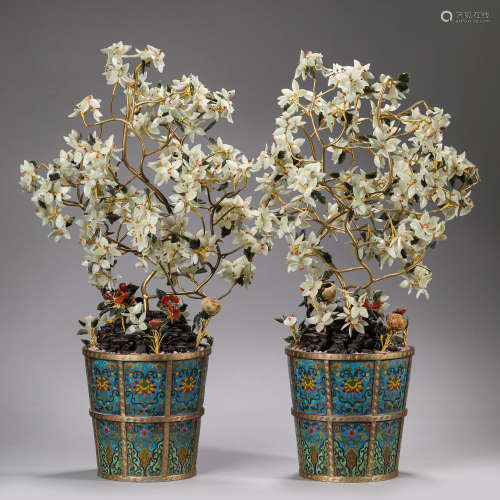 Pair of Cloisonne Enamel Carved Jade Flower Bonsais