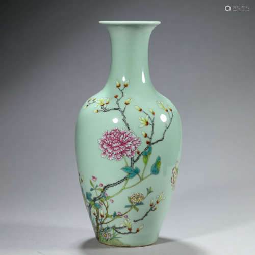 Celadon-Green Glaze Famille Rose Flower Vase
