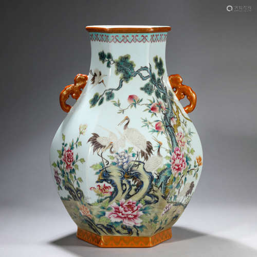 Famille Rose Crane and Pine Hexagonal-Shaped Vase