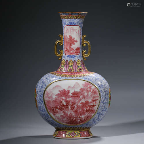 Iron-Red Glaze Landscape Fortune&Longevity Double-Eared Obla...