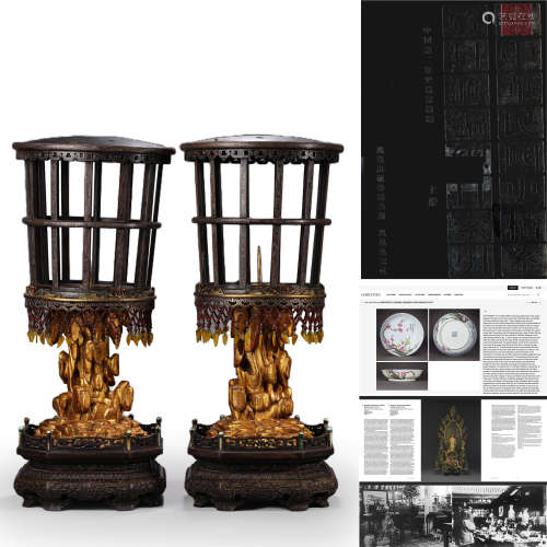 Pair of Silver Inlaid Sandalwood Court Lamps